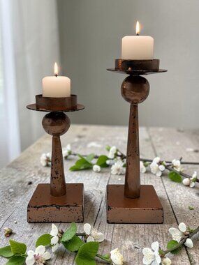 Rustic Metal Pillar Candle Holders (2) Distressed Farmhouse Decor Made in India